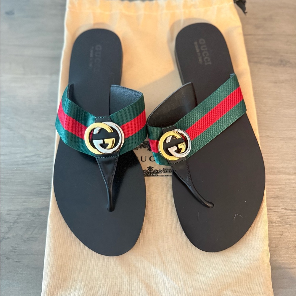 Gucci Black Flip Flops with Green and Red Straps